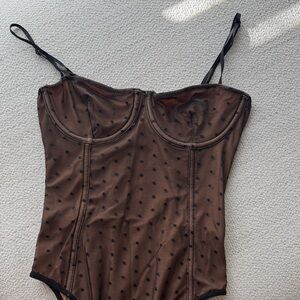 White Fox Boutique Brown Polka Dot Bodysuit